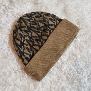 Michael Kors Tan Logo Beanie Hat Cap Womens Brown MK Designer Fold Over